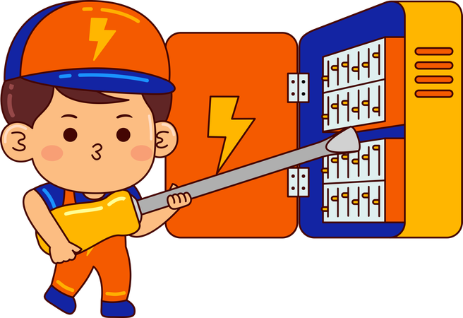 Garçon électricien mignon réparant la boîte à fusibles  Illustration