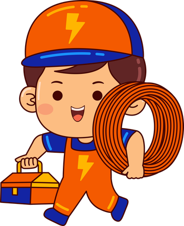 Joli garçon électricien tenant un faisceau de fils et une boîte à outils  Illustration