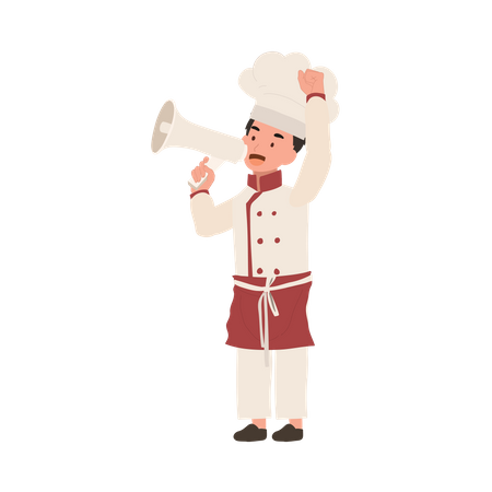 Mignon enfant cuisinier en uniforme de chef faisant une annonce avec mégaphone  Illustration