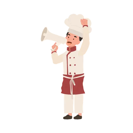 Mignon enfant cuisinier en uniforme de chef faisant une annonce avec mégaphone  Illustration