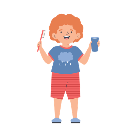 Un petit garçon mignon et joyeux avec une brosse à dents  Illustration