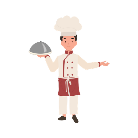 Joli jeune chef en uniforme de chef servant un repas gastronomique avec panneau de bienvenue  Illustration