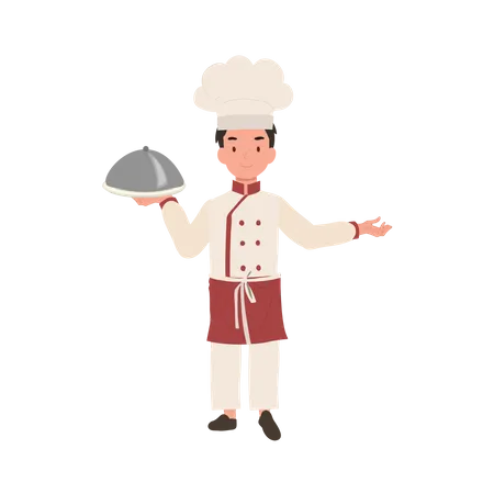 Joli jeune chef en uniforme de chef servant un repas gastronomique avec panneau de bienvenue  Illustration