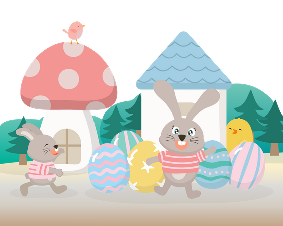 Joli lapin et œufs  Illustration