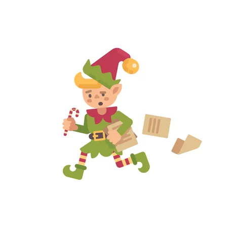 Elfe de Noël occupé mignon courant avec des papiers et des lettres  Illustration