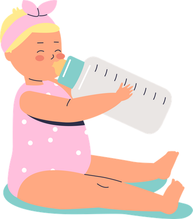 Joli petit bébé buvant du lait au biberon  Illustration