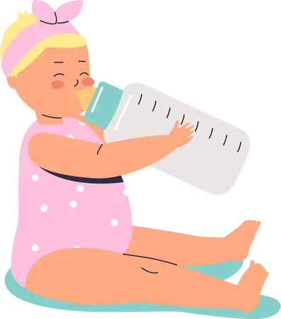 Joli petit bébé buvant du lait au biberon  Illustration
