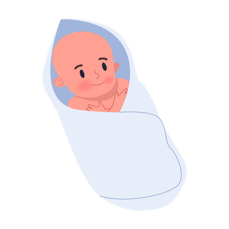 Joli petit bébé allongé dans un emmaillotage. Enfant nouveau-né. Enfant en blanc  Illustration