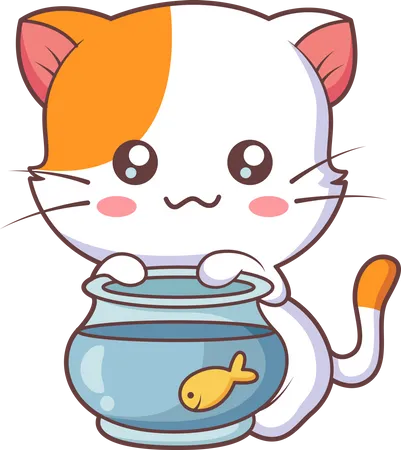 Joli petit chat avec bocal à poissons  Illustration