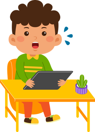 Un mignon petit garçon utilise une tablette  Illustration