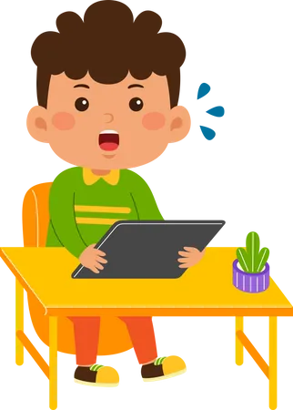 Un mignon petit garçon utilise une tablette  Illustration