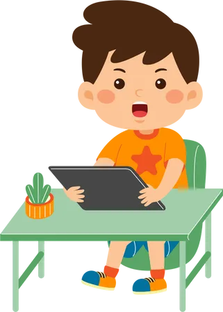 Un mignon petit garçon utilise une tablette graphique  Illustration