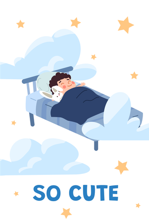 Un mignon petit garçon dort dans son lit avec un lapin en peluche  Illustration
