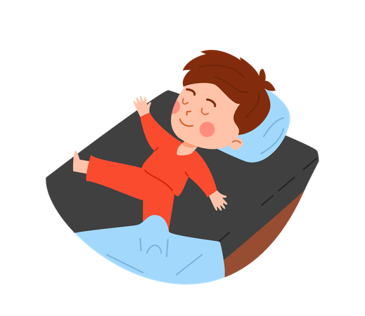 Mignon petit garçon endormi dans un lit s'ouvrant sous la couverture  Illustration