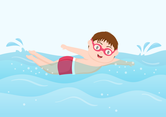 Mignon petit garçon nageant au bord de la mer  Illustration