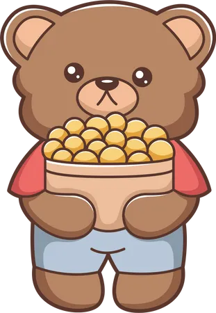 Joli petit ours tenant un panier de noix  Illustration