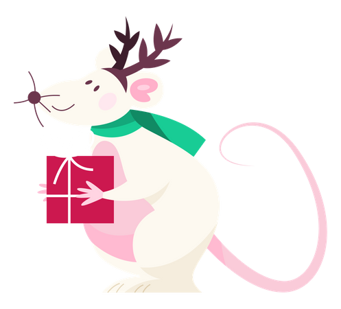 Joli rat de Noël tenant une boîte cadeau  Illustration