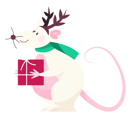 Joli rat de Noël tenant une boîte cadeau  Illustration