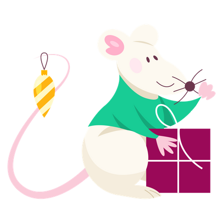 Joli rat de Noël tenant une boîte cadeau  Illustration