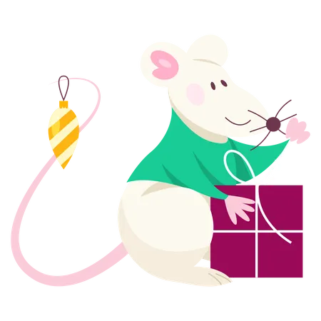 Joli rat de Noël tenant une boîte cadeau  Illustration