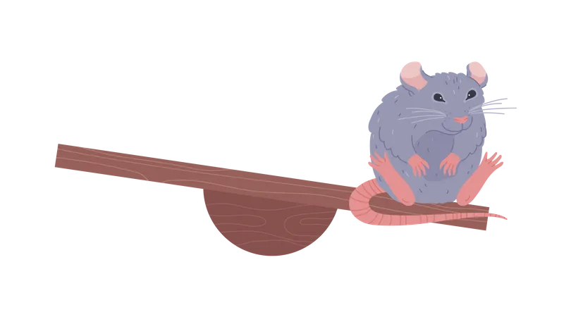 Joli rat gris assis sur un jouet en bois  Illustration