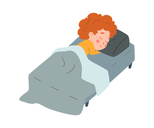 Un mignon petit garçon roux dort tranquillement dans son lit  Illustration