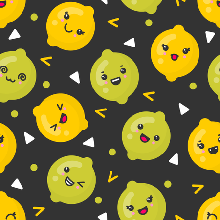 Mignons fruits souriants de citron et de citron vert, motif vectoriel sans couture sur fond sombre  Illustration