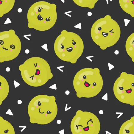 Mignons fruits de citron vert souriants, motif vectoriel sans couture sur fond sombre  Illustration