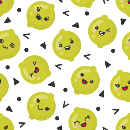 Mignons fruits de citron vert souriants, motif vectoriel sans couture sur fond blanc  Illustration