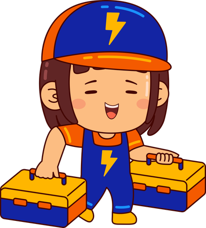 Jolie fille électricien tenant une boîte à outils  Illustration