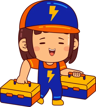 Jolie fille électricien tenant une boîte à outils  Illustration