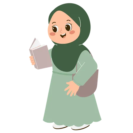 Livre de lecture de fille mignonne avec hijab  Illustration