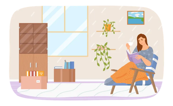 Jolie jeune femme dans une chaise lisant un livre buvant du thé  Illustration