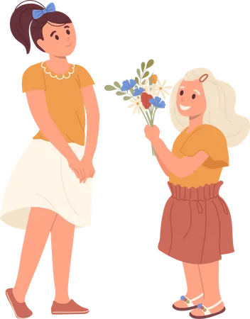 Jolie petite fille donnant un bouquet de fleurs à sa sœur aînée la félicitant pour son anniversaire  Illustration