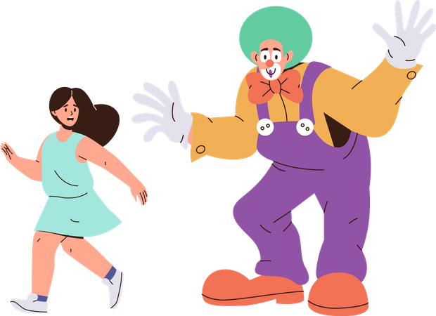 Jolie petite fille qui a peur du clown à la fête des enfants  Illustration