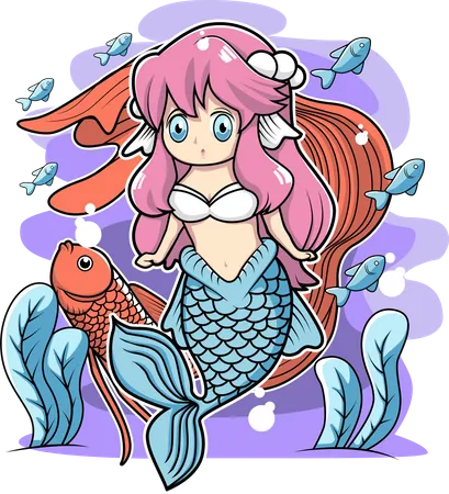 Sirène mignonne avec poisson guppy  Illustration