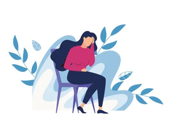 Lady Seating On The Chair Holding Head As She Has Migraine Illustration