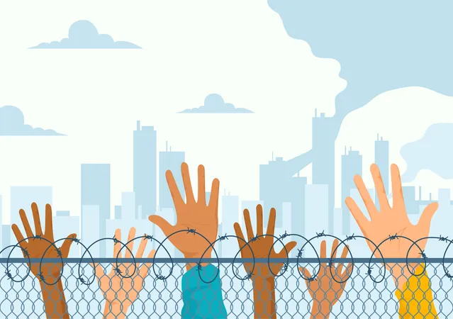 World Refugee Day Vector Illustration On 20 June Of Immigration Family And Their Kids Walking Seek Home With Fence Iron Wire And Hand In Background Illustration