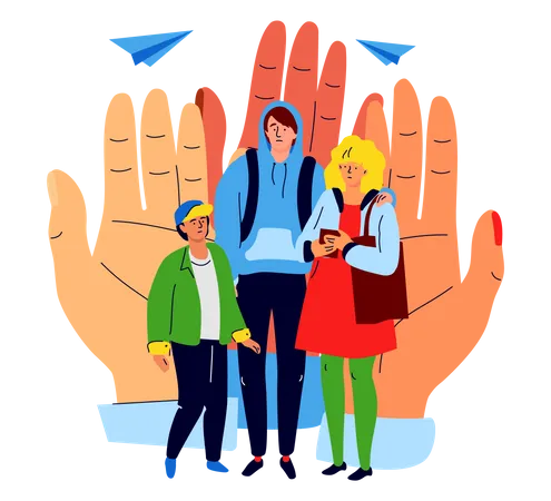 Migration Support Modern Colorful Flat Design Style Illustration On White Background Scene With Parents And Child Who Need Moral And Financial Support Hands Behind The Back Give Confidence Illustration