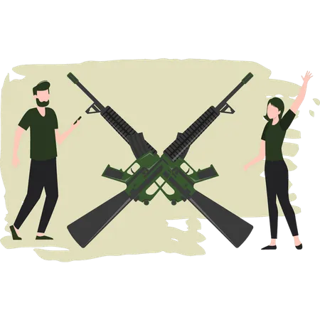 Homme et femme militaires prêts avec des fusils  Illustration