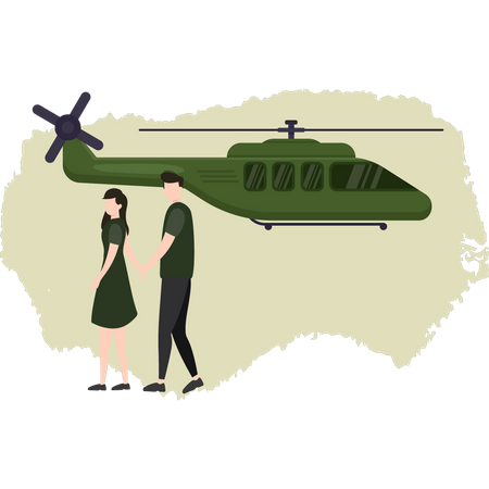 Militar e menina caminhando perto de um helicóptero militar  Ilustração