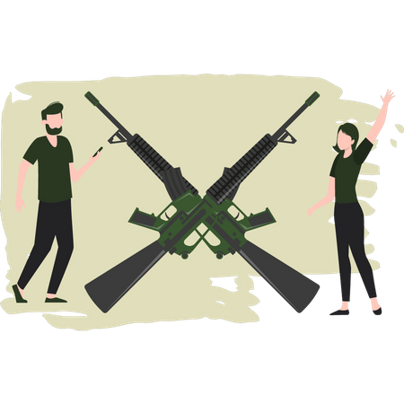 Militar e mulher prontos com rifles  Ilustração