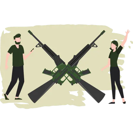 Militar e mulher prontos com rifles  Ilustração