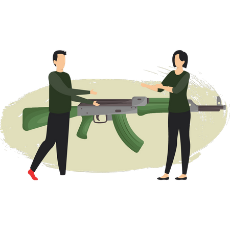 Menino e menina militares estão falando sobre arma  Ilustração