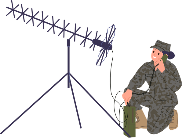 Mulher militar que trabalha com comunicações de rádio no exército  Ilustração