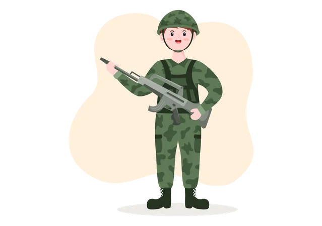 Modelo De Forca Militar Do Exercito Desenhado A Mao Bonito Desenho Animado Ilustracao Plana Com Soldado Arma Tanque Ou Equipamento Pesado De Protecao Ilustração
