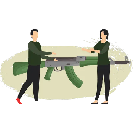 Military Boy And Girl Are Talking About Gun Illustration