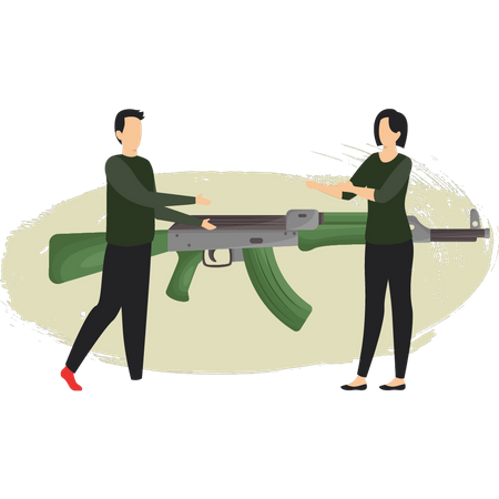 Military Boy And Girl Are Talking About Gun  Illustration