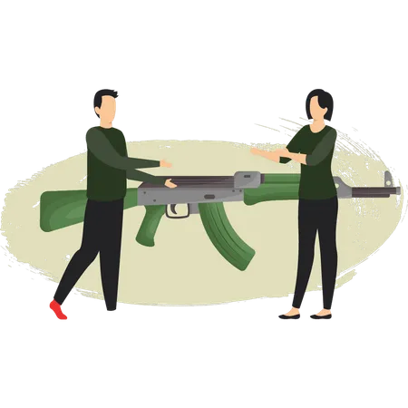 Military Boy And Girl Are Talking About Gun  Illustration