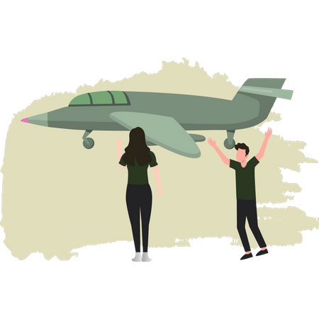 Military Couple Happy To See Military Plane  Illustration